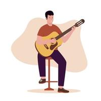 Flat design of men playing guitar while sitting on chair vector