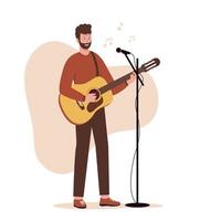 Men guitar player with microphone singing song vector