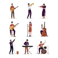 Flat design of artists playing music instruments illustrations set vector
