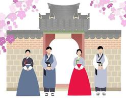 familia hanbok coreana. pareja coreana vistiendo trajes tradicionales. puerta de corea en piso. arquitectura tradicional coreana. vector