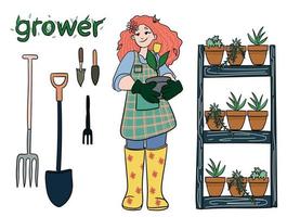 Girl gardener with a flower in a pot and tools for the garden. Isolated on white background. vector