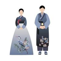 Hanbok. Korean couple wearing traditional costumes. Flat vector cartoon illustration isolated on white background.