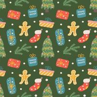 Christmas vector seamless pattern, gifts, gingerbread, decorative ornaments and snowflakes