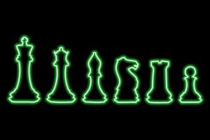 Set of chess figures on black background. Simple neon green outline. Illustration vector