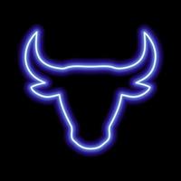 The silhouette of the bull's head is blue neon line on a black background vector