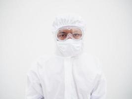 Closeup of asian male doctor or scientist in PPE suite uniform. coronavirus or COVID-19 concept isolated white background photo