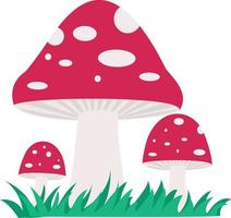 Vector illustration of fly agarics with green grass. Mushrooms on an isolated white background. Vector illustration of red mushrooms with grass. Illustration of fly agarics in the grass.