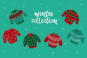 A set of traditional Christmas sweaters and jumpers. Vector isolated illustration of sweaters for a Christmas party. Warm knitted jumpers with snowflakes and ornaments. Winter collection.