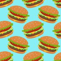 patrón transparente de vector con una hamburguesa. se puede usar para textiles, fondos de sitios web, portadas de libros, empaques, papel de regalo, libros de cocina, menús de restaurantes. ilustración de comida