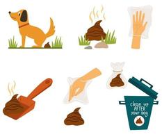 Cleaning for the dog set. Hygienic dog bag with poop icon. Cleaning the park after walking pets concept. Hand draw Vector illustration isolated on the white background.