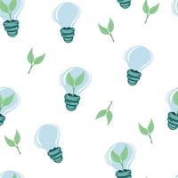 Plant inside Light bulb seamless pattern. Green energy. Concept of Green energy and environmentally friendly sources. Editable stroke. Vector illustration isolated on the white background.