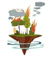 Forest fires. Burning forest spruces in fire flames, nature disaster concept illustration background, poster danger, careful with fires in the woods. Environmental disaster. Vector illustration