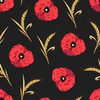 Bright floral seamless vector pattern. Red poppy flower, golden ear of wheat on a black background. For prints of fabric, textile products, packaging, clothing.