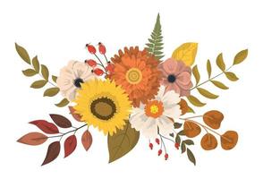 Cute autumn colorful floral bouquet in rustic style with forest leaves. Flowers, dry leaves, and berries. Isolated on white background. Autumn holiday cards design vector