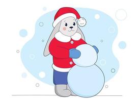 Cute little rabbit in red hat is making snowman vector