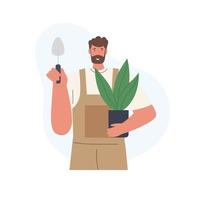 gardener with plant in flowerpot vector illustration