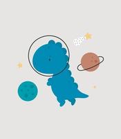 Cute Dinosaur in the space. Cartoon style. Vector illustration. For kids stuff, card, posters, banners, children books, printing on the pack, printing on clothes, fabric, wallpaper, textile or dishes.