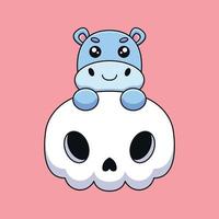 cute skull hippo halloween cartoon mascot doodle art hand drawn concept vector kawaii icon illustration