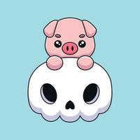 cute skull pig halloween cartoon mascot doodle art hand drawn concept vector kawaii icon illustration