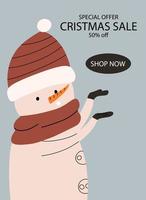 Snowman advertising flyer. Promotional template about Christmas sale. Vector illustration in flat style