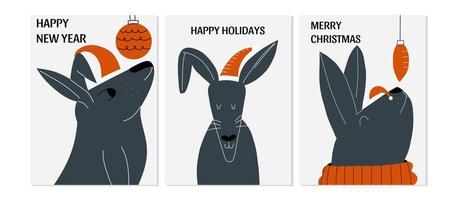 A set of cards with the symbol of 2023 the black water rabbit. Cute Christmas postcards. Vector illustration in hand drawn style