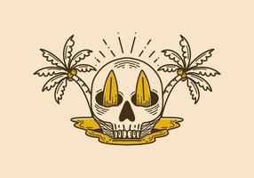 Vintage illustration of a skull with two surfboard and coconut trees vector