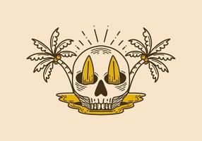 ilustración vintage de una calavera con dos tablas de surf y cocoteros vector