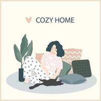 Cozy home theme handmade illustration.Simple girl room interior for use in design for home  decorative prints, flower shop decor, wallpaper, bag or t-shirt print, art workshop  etc. vector