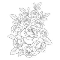 hand drawn floral bunch with roses and leaves zentangle coloring page with decorative easy sketches vector