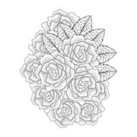 coloring page of red rose flower line art design with decorative pencil sketch drawing vector