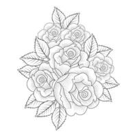 adult coloring book page of pink rose illustration with leaves and pencil sketch drawing vector