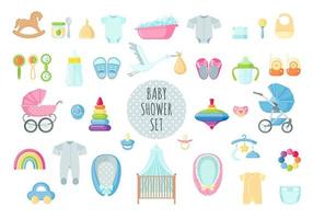 Set of cute baby objects toys and clothes. Baby shower collection with toys and clothes. Vector illustration.