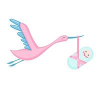 Stork icon delivering a newborn baby girl in flat style isolated on white background. Vector illustration.