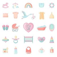 Set of cute baby elements for girl. Baby shower collection with toys and clothes. Vector illustration.
