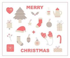 Collection of Christmas objects. Red point color on gray base color. vector