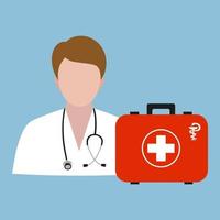 médico con bolsa roja de primeros auxilios vector