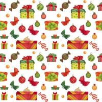 patrón de acuarela transparente de navidad con dulces y cajas de regalo en un blanco vector