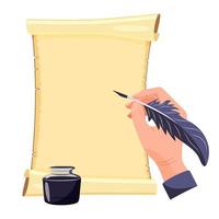 Old paper parchment with an inkwell. Hand writes with a pen on parchment. Canvas for poetry and text vector