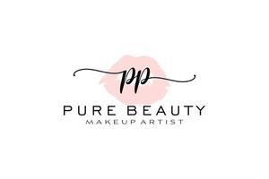 diseño de logotipo prefabricado inicial de labios de acuarela pp, logotipo para marca comercial de artista de maquillaje, diseño de logotipo de boutique de belleza rubor, logotipo de caligrafía con plantilla creativa. vector