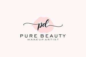 diseño de logotipo prefabricado de labios de acuarela pd inicial, logotipo para marca comercial de artista de maquillaje, diseño de logotipo de boutique de belleza rubor, logotipo de caligrafía con plantilla creativa. vector