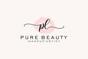 diseño de logotipo prefabricado de labios de acuarela pl inicial, logotipo para marca comercial de artista de maquillaje, diseño de logotipo de boutique de belleza rubor, logotipo de caligrafía con plantilla creativa. vector