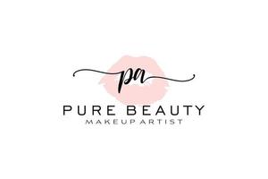 diseño de logotipo prefabricado de labios de acuarela pa inicial, logotipo para marca comercial de artista de maquillaje, diseño de logotipo de boutique de belleza rubor, logotipo de caligrafía con plantilla creativa. vector