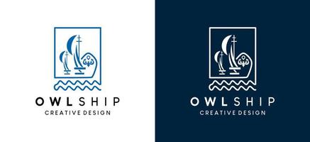 Simple owl shape boat sailing ship on ocean waves with creative line art style logo design vector
