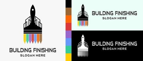 rainbow colored pencil logo design template, paint brush and building in creative line art concept. premium vector house or building finishing logo illustration