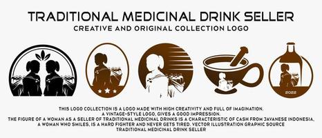 una colección de logos de mujeres que venden bebidas medicinales tradicionales en siluetas en un estilo vintage, elegante y creativo. ilustración de logotipo para bebida de salud de vector premium