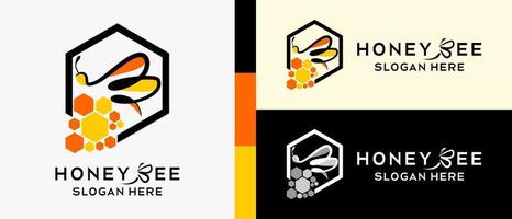 plantilla de diseño de logotipo de abeja de miel con concepto de elementos creativos, icono de panal y abeja con concepto de arte de línea en hexágono. ilustración de logotipo de vector premium