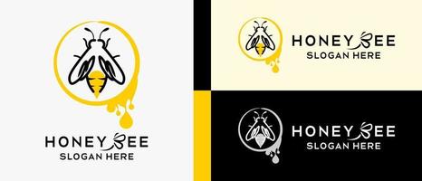 honey bee logo design template with line art concept, bee in circle with honey drop element. premium vector logo illustration