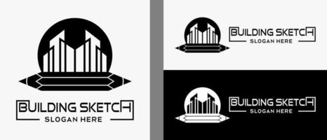 pencil logo design template with moon or sun icon and building in black and white creative concept. premium vector building or building designer logo illustration
