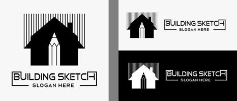 pencil logo design template with house icon in black and white creative concept. premium vector building or building designer logo illustration