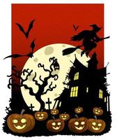 Halloween terrible Vector background with castle. Abstract Classical autumn card.Happy Halloween. Witch fly over the moon.